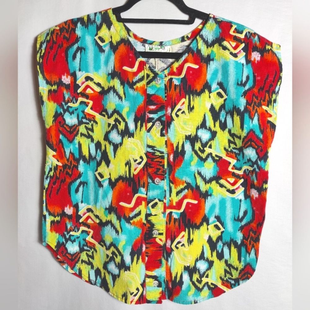 Vintage 80s 90s CG Ligaya Graphic Tropical Print Sleeveless Shirt, Size Large